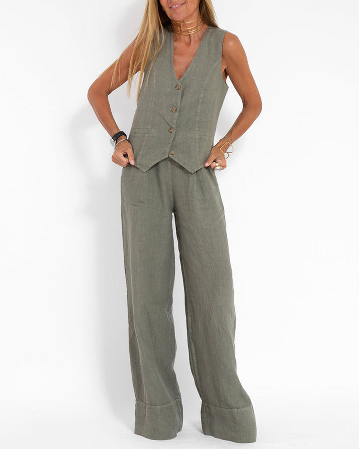 Elegantes Damen Herbst Anzug Set: Weste & weite Hose für stilvolle Frauen, die Komfort schätzen.
