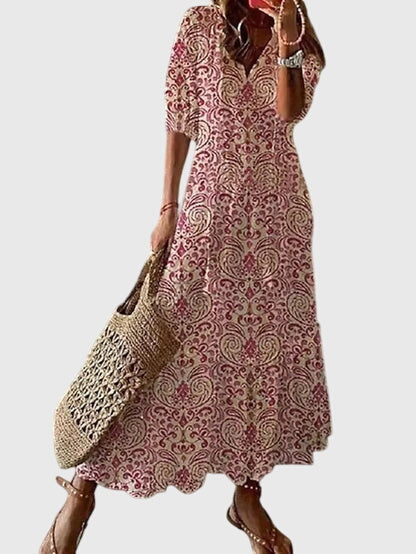 Luftiges Damenkleid, Boho Vintage Look, mit V-Ausschnitt und Blumenprint. Bequemes Sommerkleid für Freizeit.