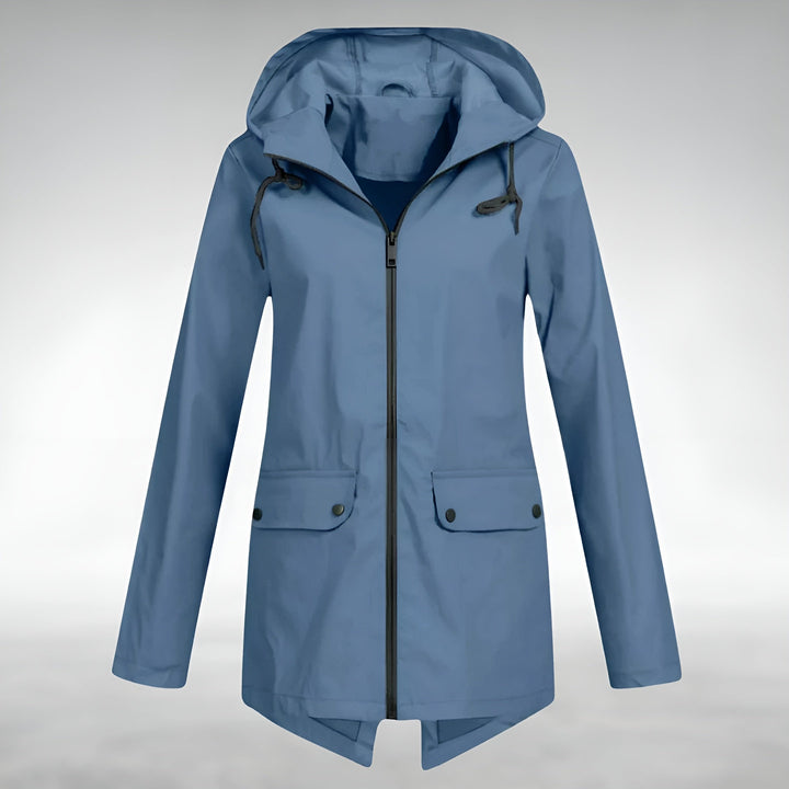Damen wasserdichte Regenjacke mit Kapuze, ideal für Übergangszeiten und Outdoor-Aktivitäten.
