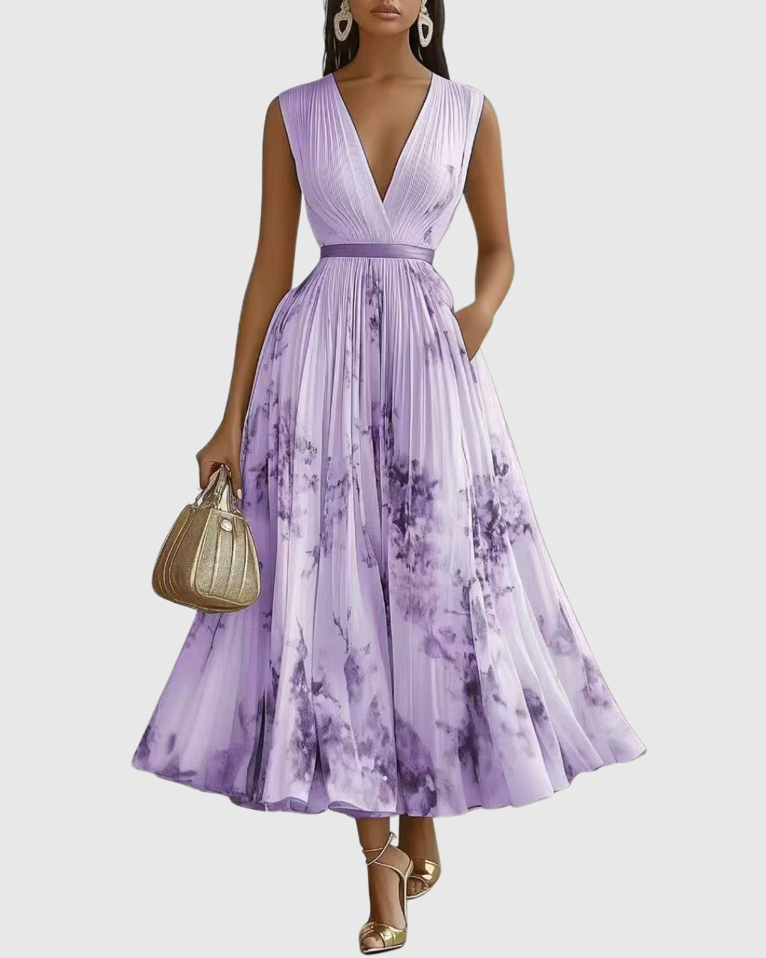 Damen Plissee Sommerkleid, ärmellos und in Midi-Länge. Elegantes Blumenmuster Kleid.