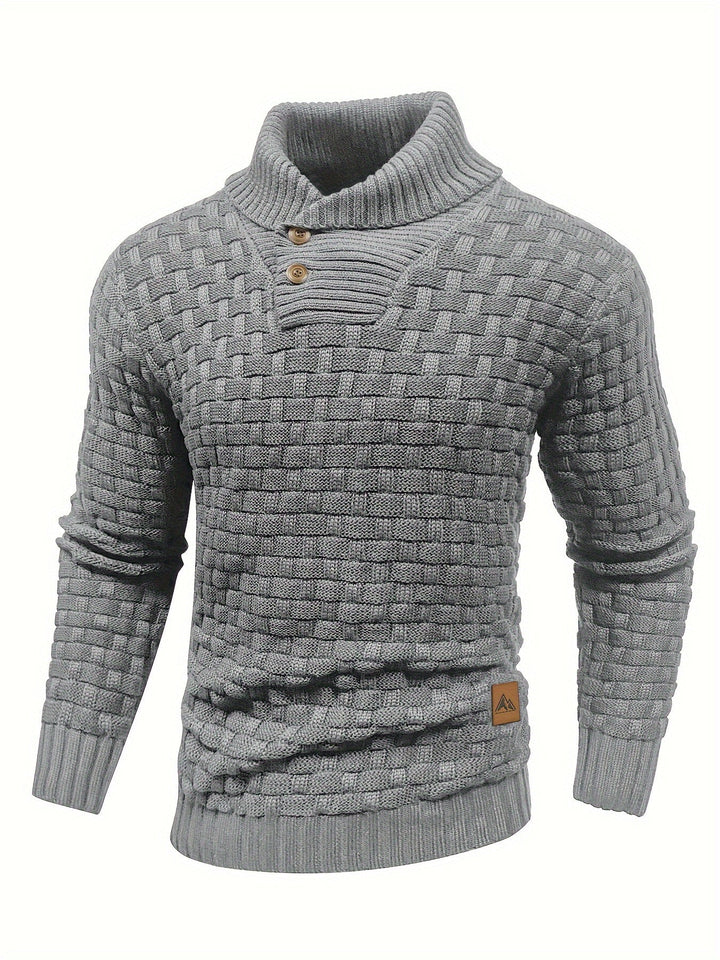 Herbstlicher Herren Pullover mit Schalkragen. Waffelstruktur, elegant und strapazierfähig.