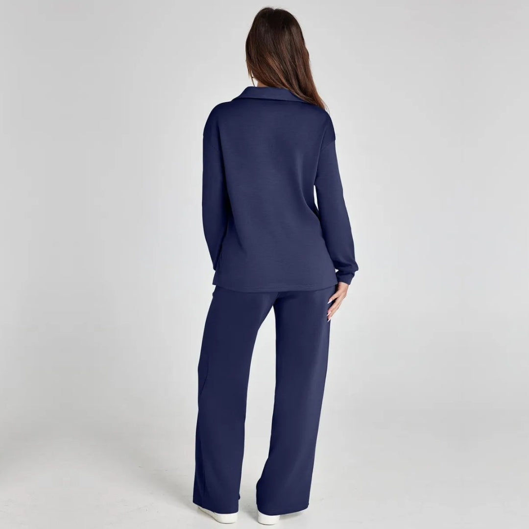 Bequemes Damen Set: V-Ausschnitt Pullover & weite Hose; schicke Alltags-Freizeitkleidung.