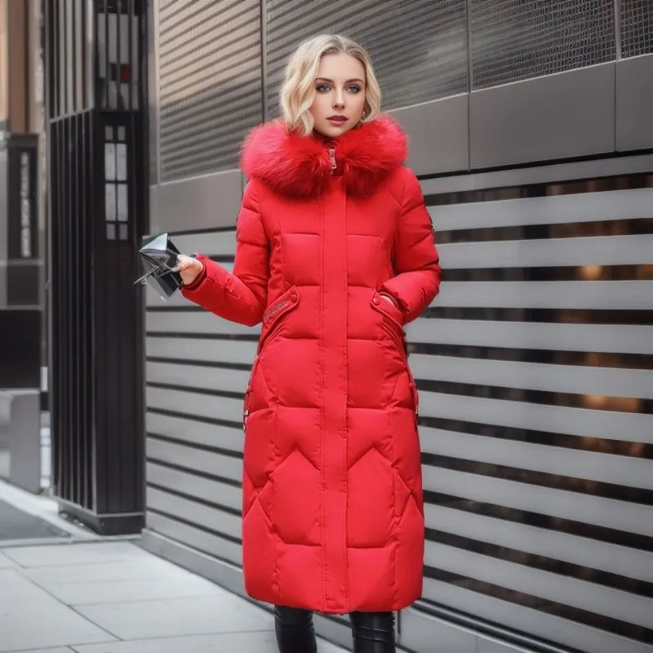 Zeitloser Damen Winter Steppmantel, lang, mit hohem Kragen, kombiniert Mode mit Komfort.