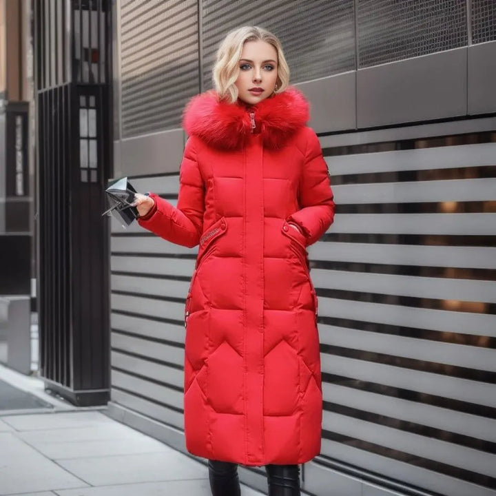 Zeitloser Damen Winter Steppmantel, lang, mit hohem Kragen, kombiniert Mode mit Komfort.