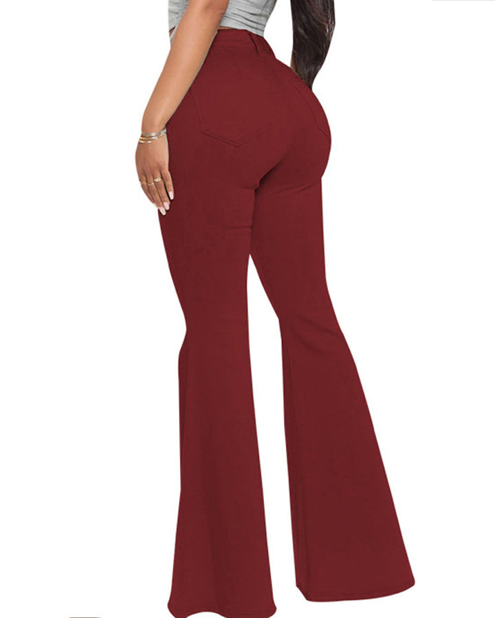 Modische Statement Flare Jeans für Damen, High Waist. Stretchhose in auffälligen, mehrfarbigen Designs.