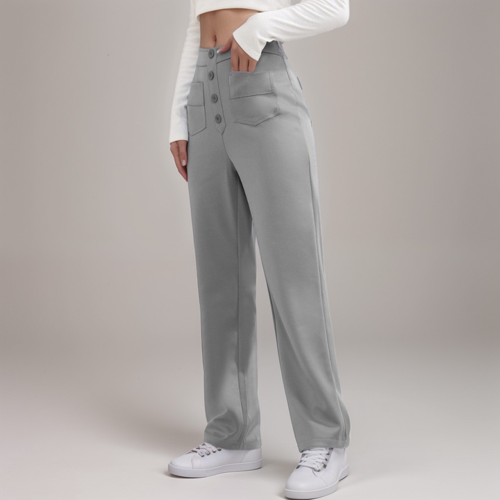 Damen Komforthose, High Waist, weites Bein, elastisch, mit Taschen, casual & chic.