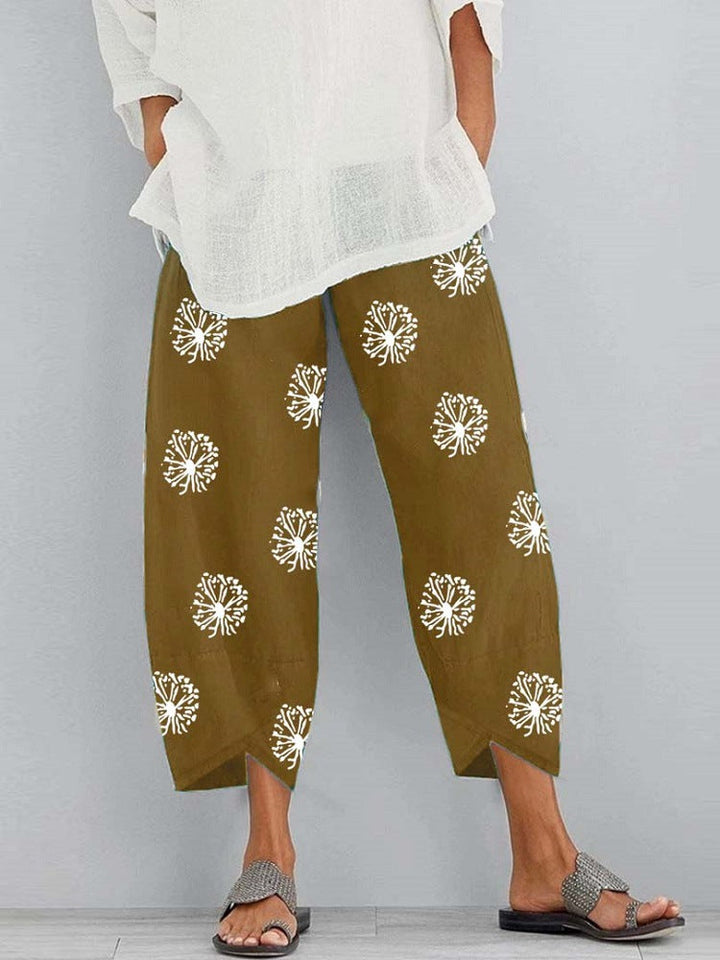 Casual Damen Sommerhose mit einzigartigem Löwenzahn Print, perfekt für warme Tage.