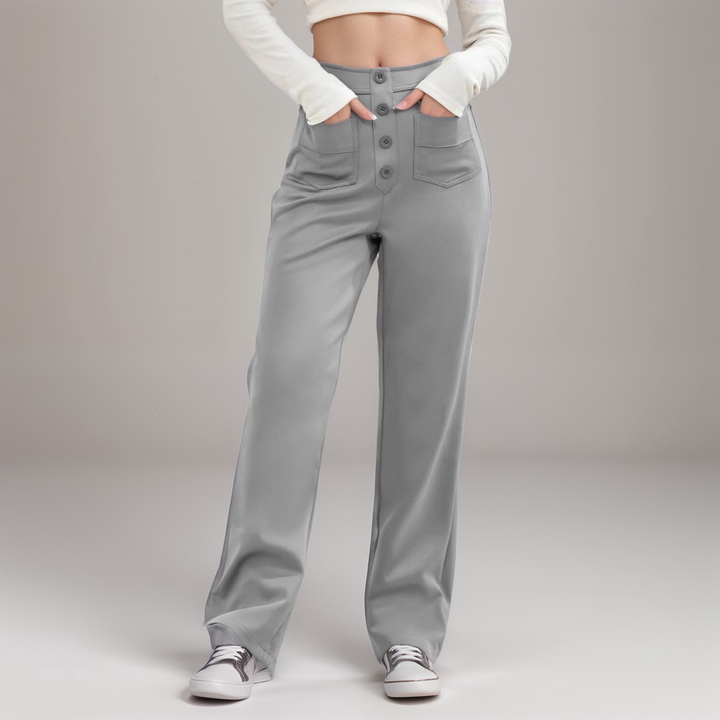 Elegante High Waist Damenhose, weites Bein, formgebend, stretchig, ideal für stilvolle Auftritte.