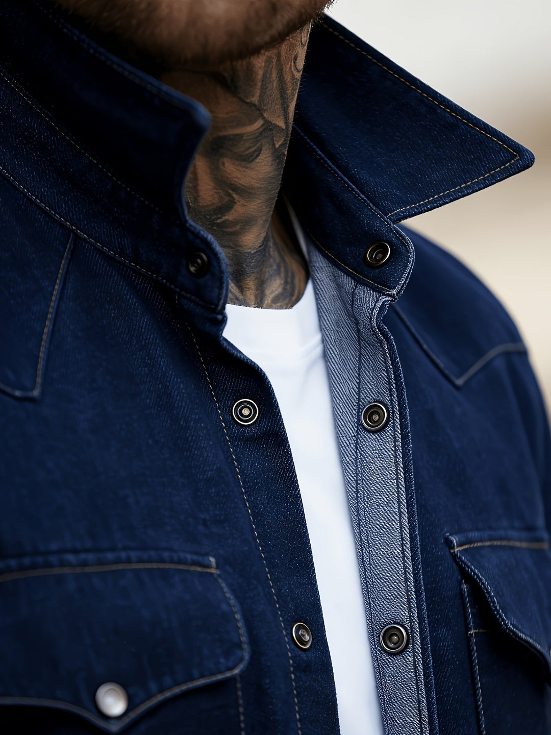 Stoffdetails des blauen Herren Western-Hemdes mit Ziernähten, robuste & komfortable Männermode, Alltag.
