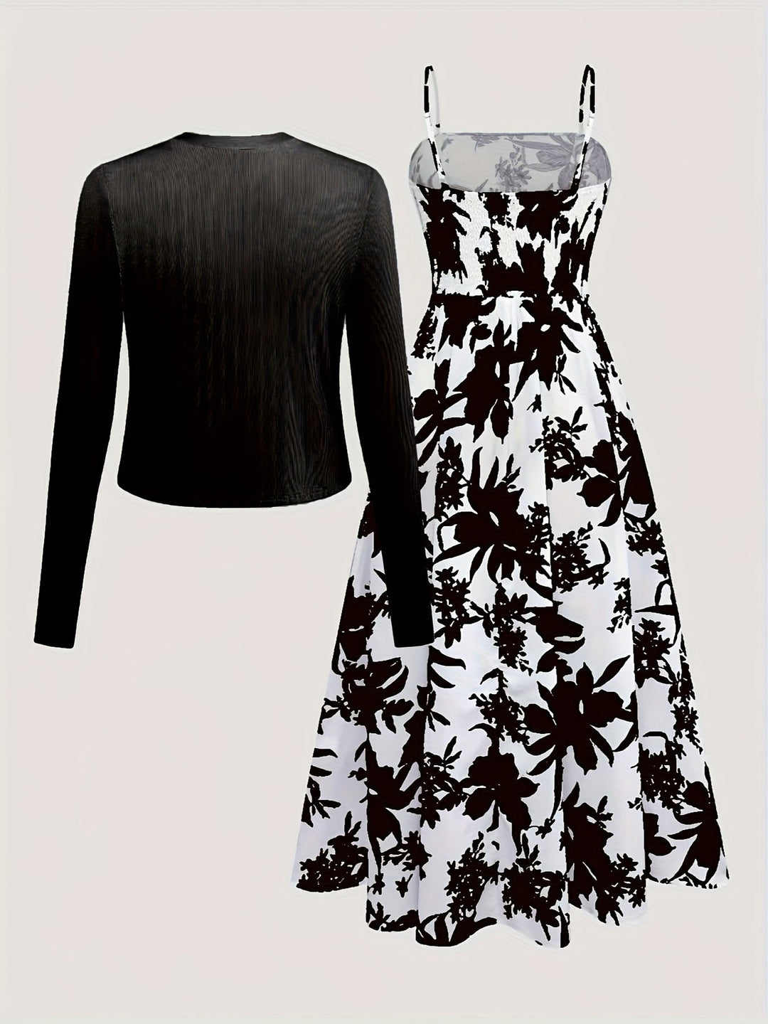 Rückenansicht des Damen Midikleid Sets: fließendes Blumenmuster Kleid & eleganter Cardigan für Frühling.
