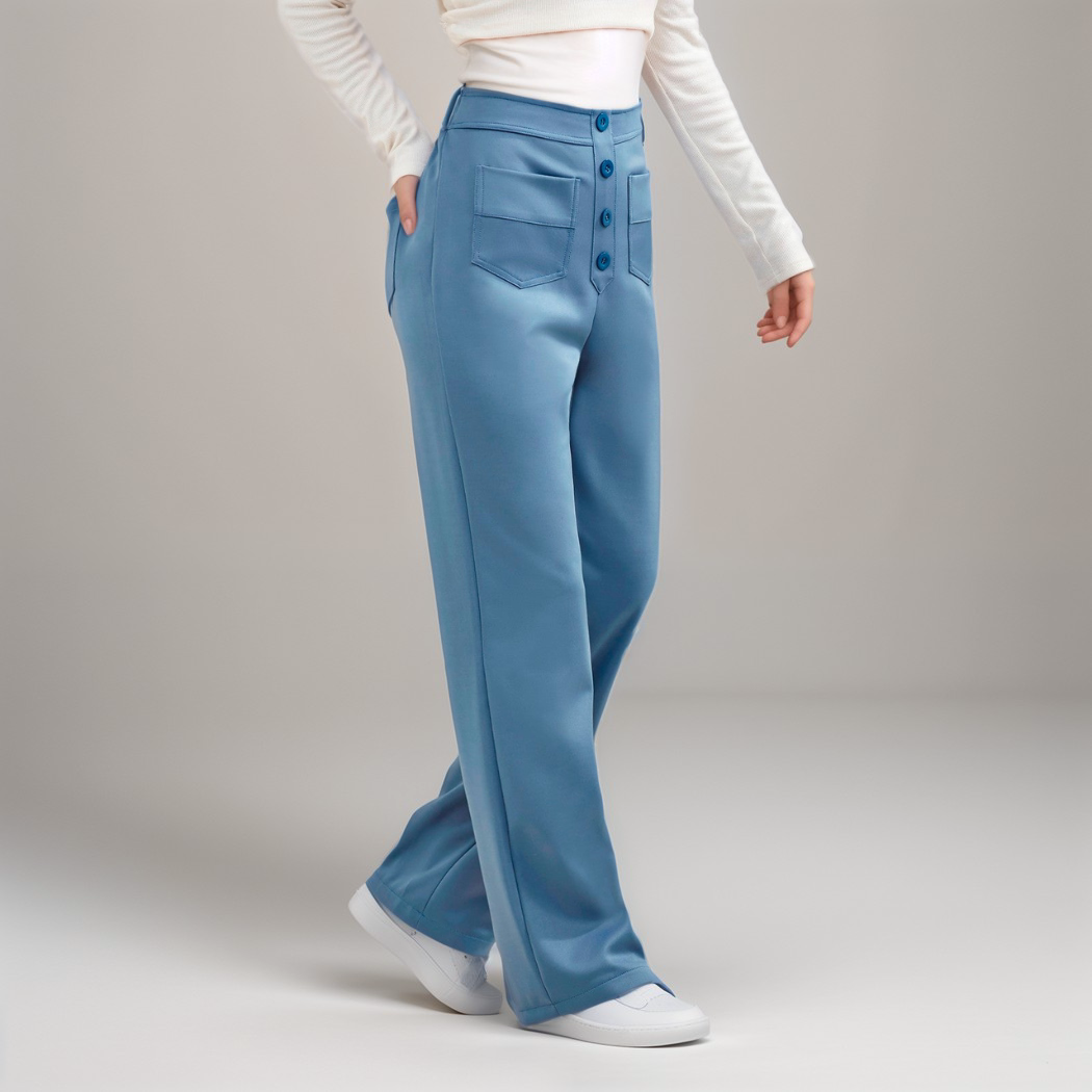Moderne High Waist Damenhose, weites Bein, stretchig, vielseitig kombinierbar, ideal für jeden Tag.