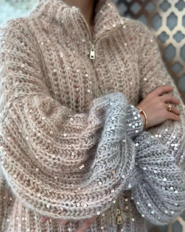 Glitzernder Damen Pailletten-Pullover mit V-Ausschnitt, bietet Eleganz und Komfort für stilvolle Winter-Outfits.