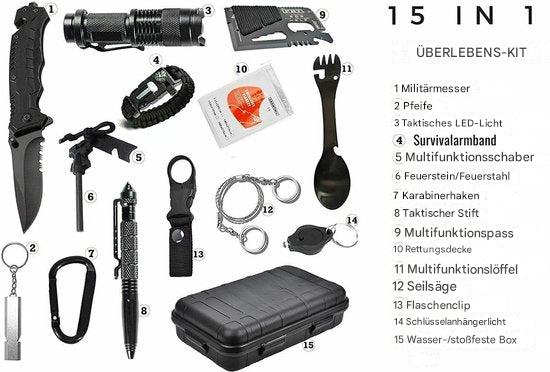 Detaillierte Ansicht des 15-in-1 Survival-Sets mit Taschenlampe, Feuerstarter und Multifunktionswerkzeug.