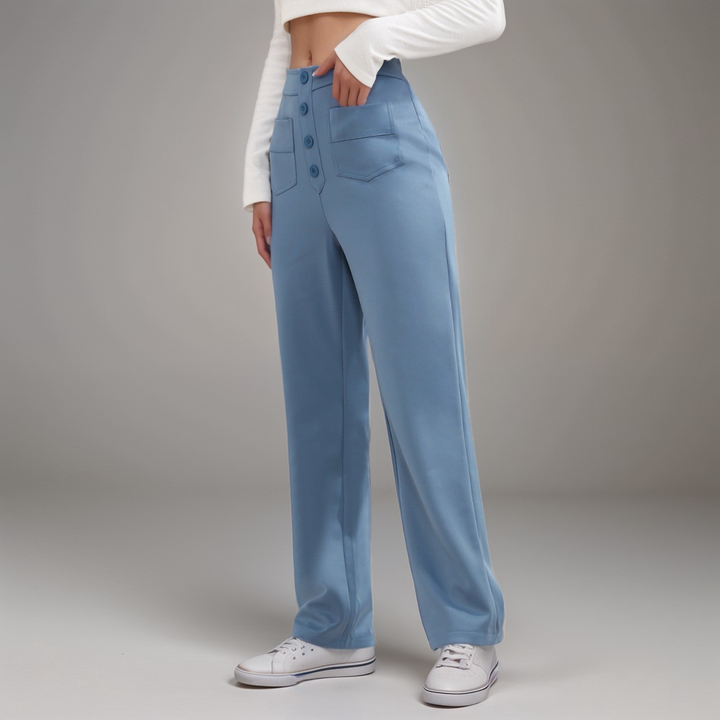 Bequeme Damen Stretchhose, High Waist, weites Bein, formt die Figur, knitterfrei.