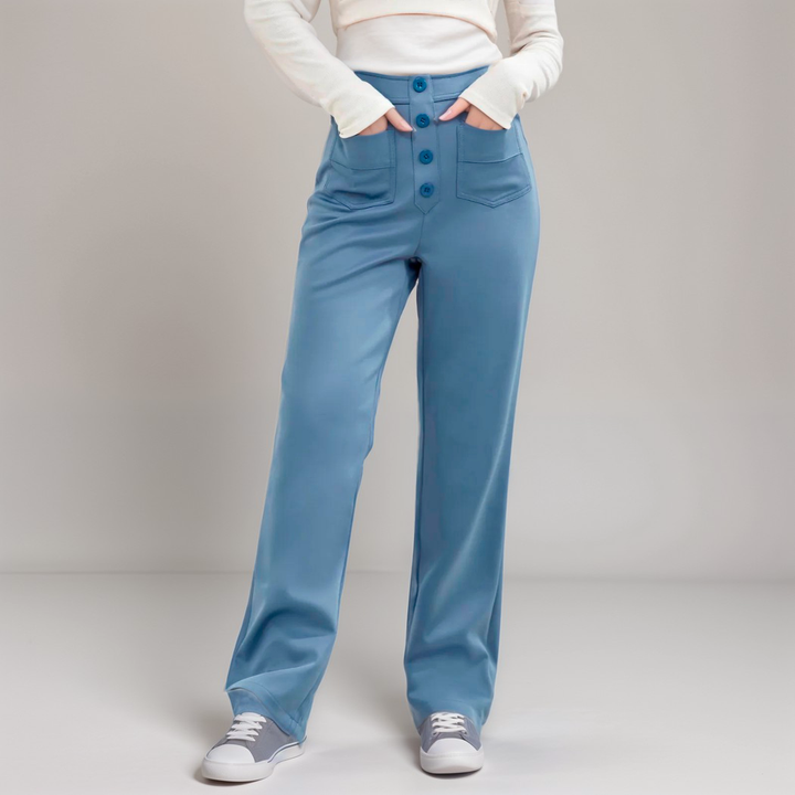 Damen Hose mit weitem Bein, High Waist, Stretchgewebe, knitterarm, pflegeleicht.