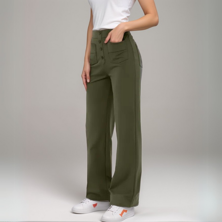 Casual Chic Damenhose, High Waist, weites Bein, elastisch, mit schlichtem Design.