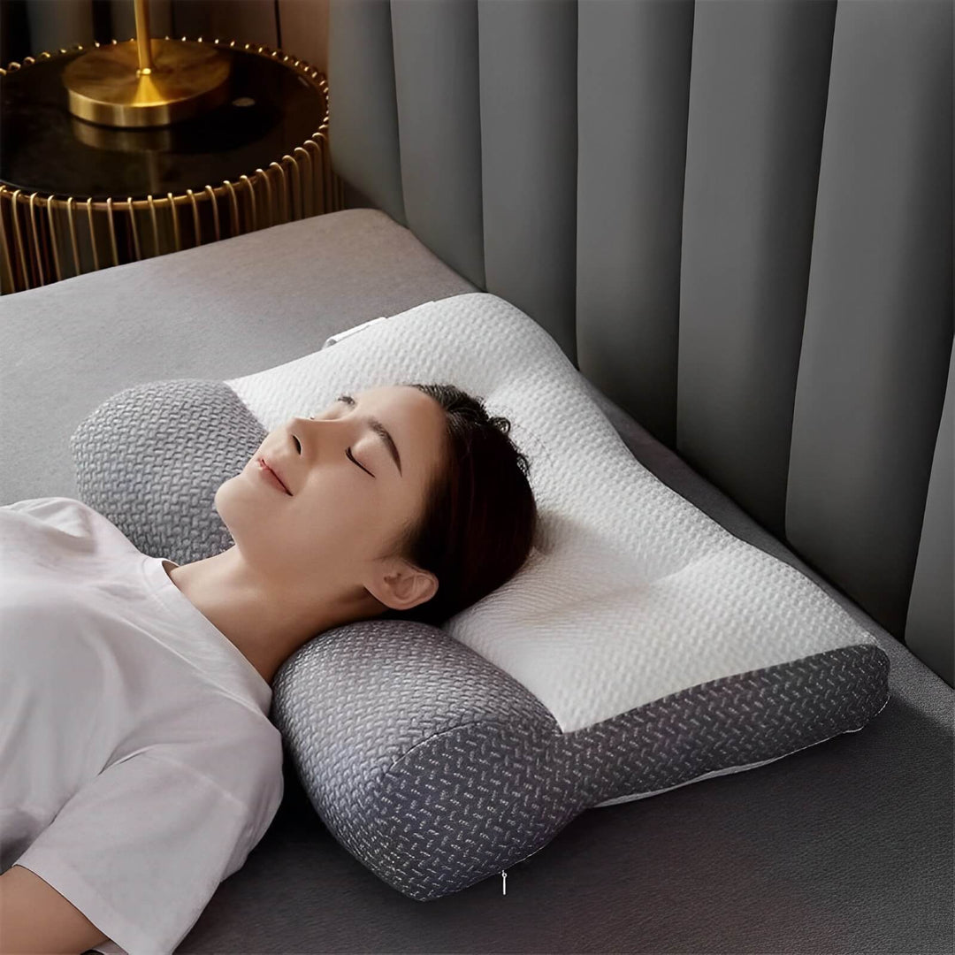 Graues ergonomisches Kissen OrthoComfortt, ideal für gesunden Schlaf & Nackenschmerzfreiheit.