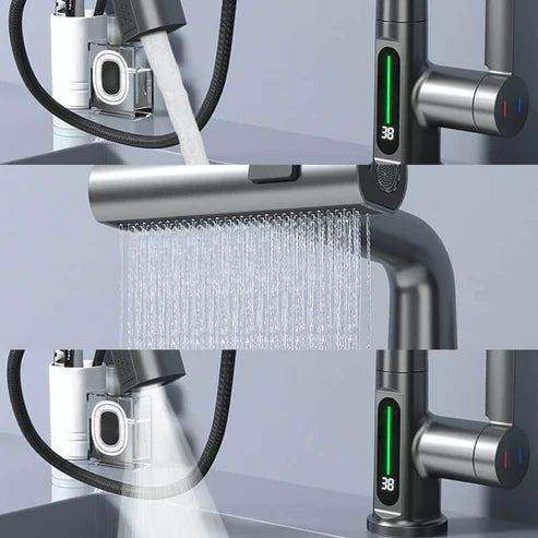 Moderner Messing-Armatur mit flexibler Ausziehbrause, LED-Display für präzise Temperaturkontrolle.