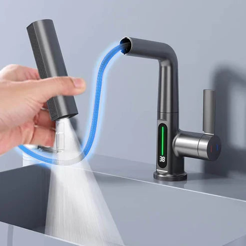 Energiesparender Küchen-Wasserhahn mit flexiblem Auslauf, LED-Temperaturanzeige & stilvollem Design.