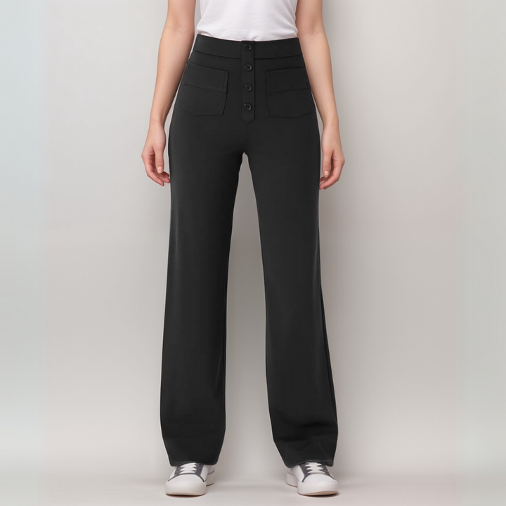 Elegante Damen Stretchhose mit hoher Taille & weitem Bein, bequem & knitterfrei.