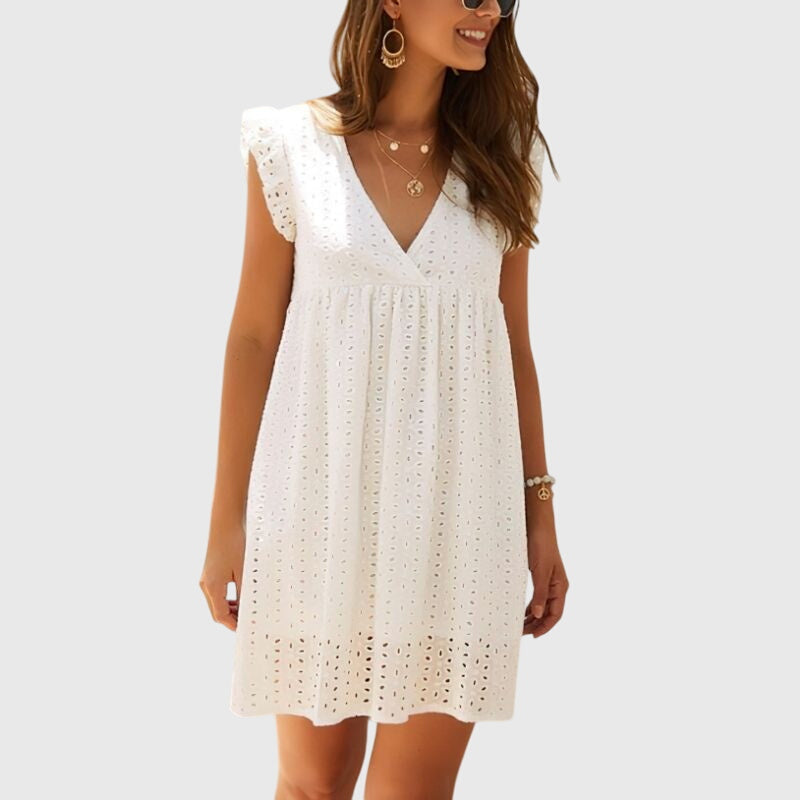 Elegantes Damen Minikleid im Relaxed Fit, V-Ausschnitt, ärmellos, legerer Stil für den Sommer.