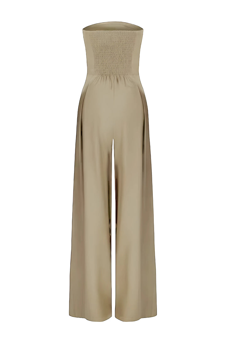 Moderner Damen Jumpsuit schulterfrei mit Corsagen-Effekt in Dunkelblau. Eleganter Look für Frauen.
