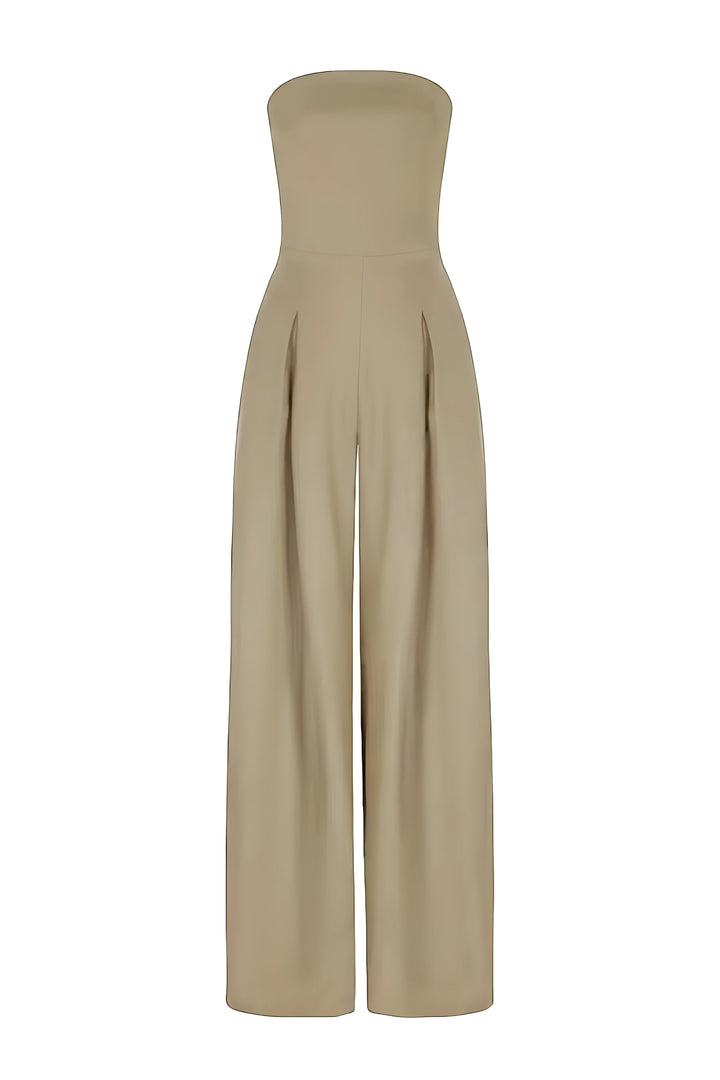 Eleganter Damen Overall in Schwarz, schulterfrei mit detailliertem Corsagen-Effekt. Perfekt für stilvolle Auftritte.