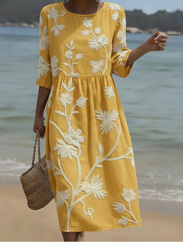 Gelbes Damen Midi-Sommerkleid mit Blumenmuster, leicht & bequem. Ideales Freizeitkleid mit floralem Design.