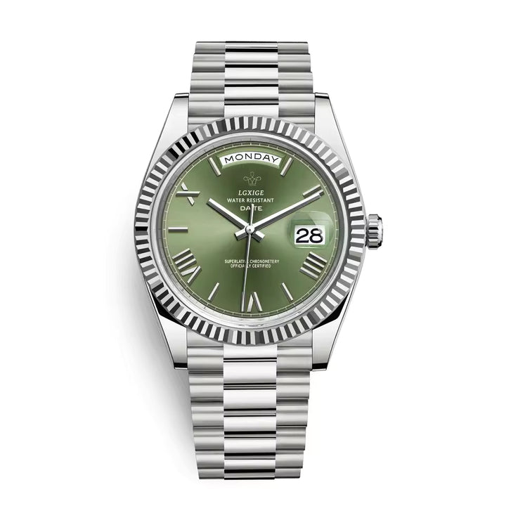 Übersicht der Herren Armbanduhr von oben, klares, klassisches Design, Quarzuhrwerk und Datumsanzeige.