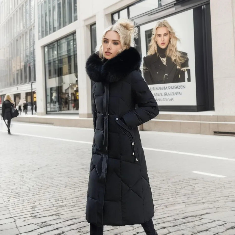 Damen langer Winter Steppmantel, elegant & funktional, mit schützendem hohem Kragen.