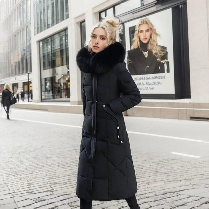Damen langer Winter Steppmantel, elegant & funktional, mit schützendem hohem Kragen.
