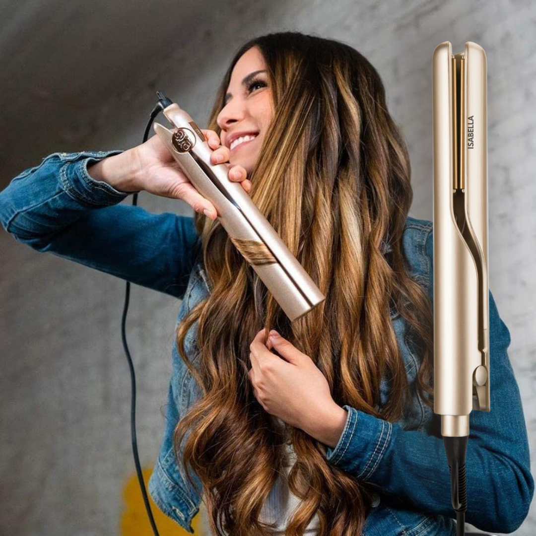 Damen 2-in-1 Haarglätter & Lockenstab mit Keramikplatten für vielseitiges Styling, schnellheizend.