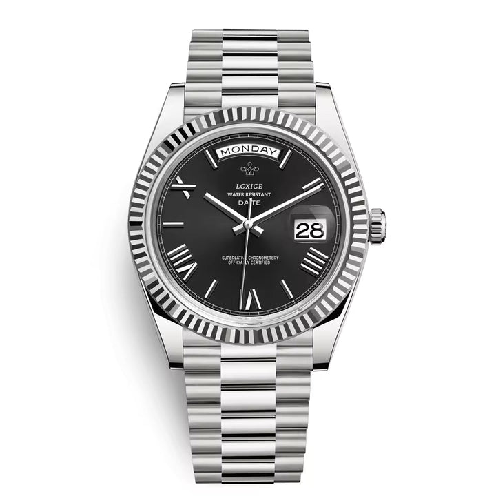 Herrenuhr im sanften Gegenlicht, glänzendes Edelstahlgehäuse und Armband, unterstreicht elegantes Design.
