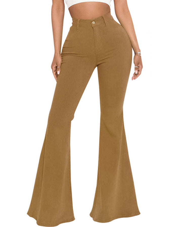 Styling-Beispiel: Damen Flare Jeans, mehrfarbig, High Waist, Stretch. Ideal für dynamische Damenmode-Outfits.