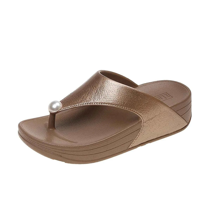 Damen Ergonomische Sandale in Bronze mit Perlen-Detail Seitenansicht