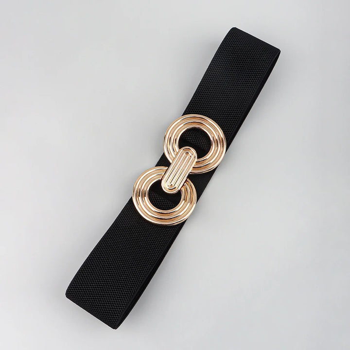 Stilvoller Taillengürtel für Damen. Schwarzer elastischer Gürtel mit eleganter runder Metallschnalle.