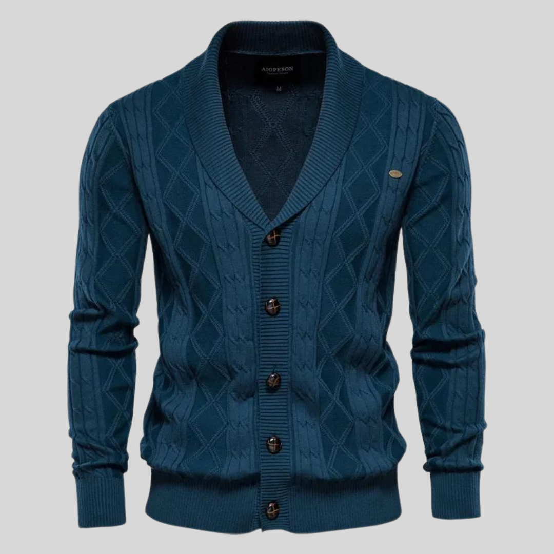 Moderner Herren Cardigan mit V-Ausschnitt & Knopfverschluss. Elegantes Oberteil, perfekt für Business und Alltag.