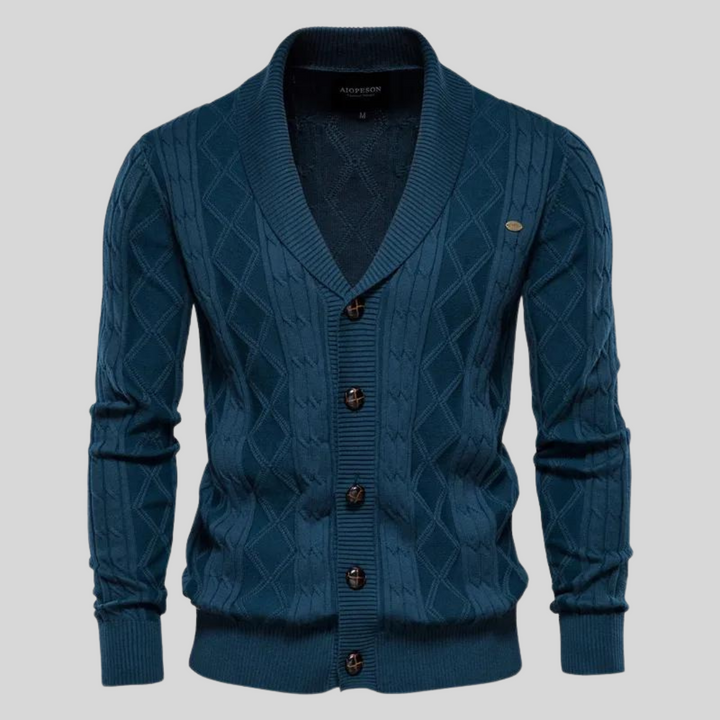 Moderner Herren Cardigan mit V-Ausschnitt & Knopfverschluss. Elegantes Oberteil, perfekt für Business und Alltag.