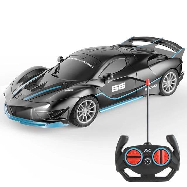 Blaues Kinder RC Auto, ferngesteuert, mit LED-Licht. Perfektes Outdoor-Spielzeug.
