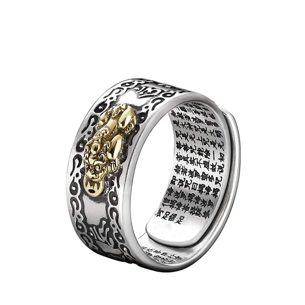 Nahaufnahme des Unisex Pixiu Glücksrings. Detaillierter Silberring mit Pixiu-Symbol für Reichtum & Schutz.
