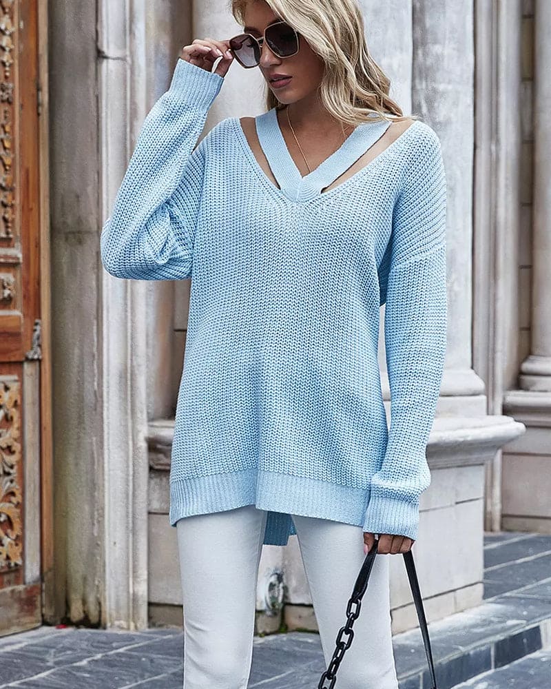 Damen Herbst-Pullover, lang, mit V-Ausschnitt. Gemütlich und stylisch für die kältere Jahreszeit.