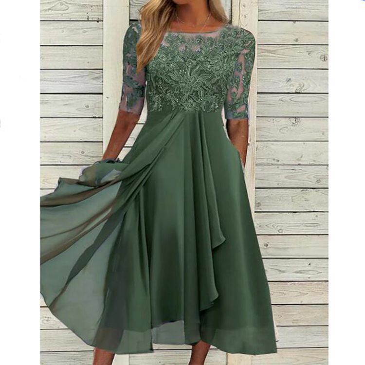 Grünes Damen Spitzen Midikleid in eleganter A-Linie, perfekt für Hochzeit, Abendanlass & festliche Gelegenheiten.