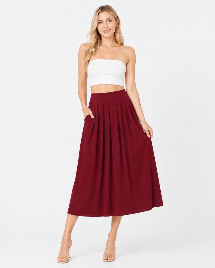 Leichter Damen Frühlings Sommer Midi-Rock mit fließendem Schnitt und Gummizug, perfekt für lässige Eleganz.
