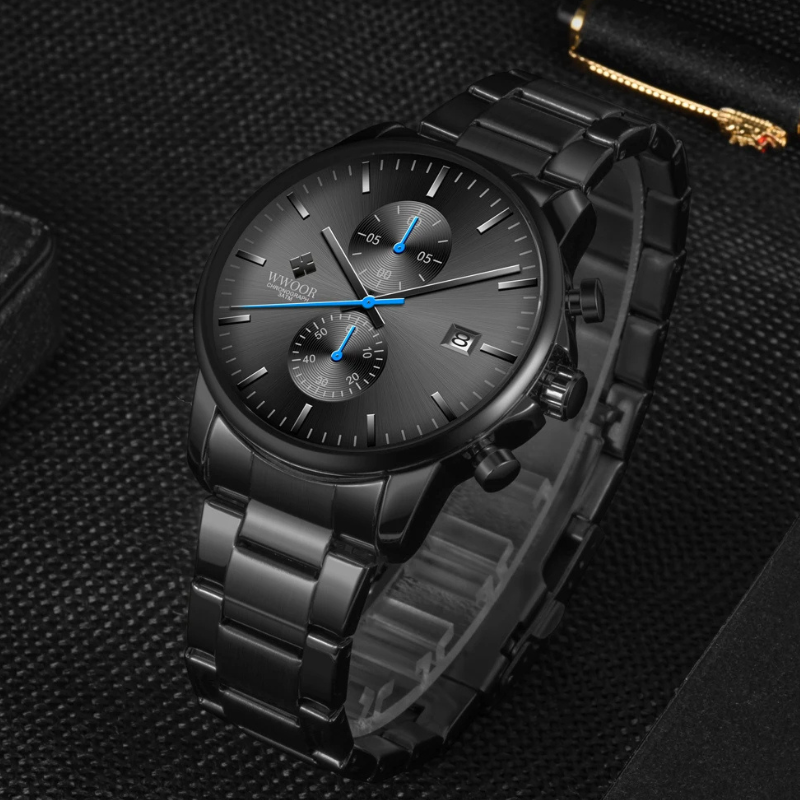 Schwarzes Zifferblatt mit Chronographen-Funktion auf eleganter Herren Business Sportuhr.