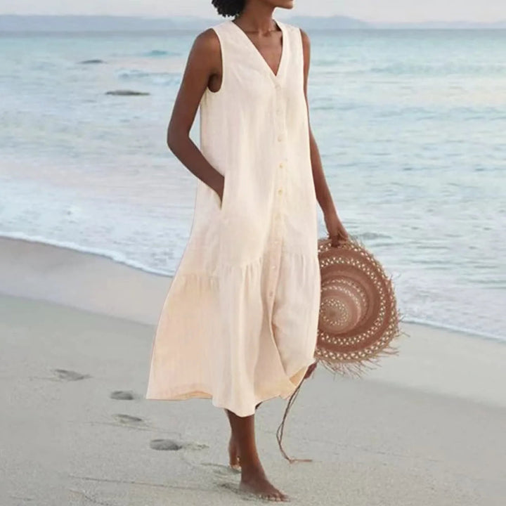 Orangefarbenes, stilvolles Damen V-Ausschnitt Sommerkleid Elara. Bequemes Leinen-Freizeitkleid, vielseitig.
