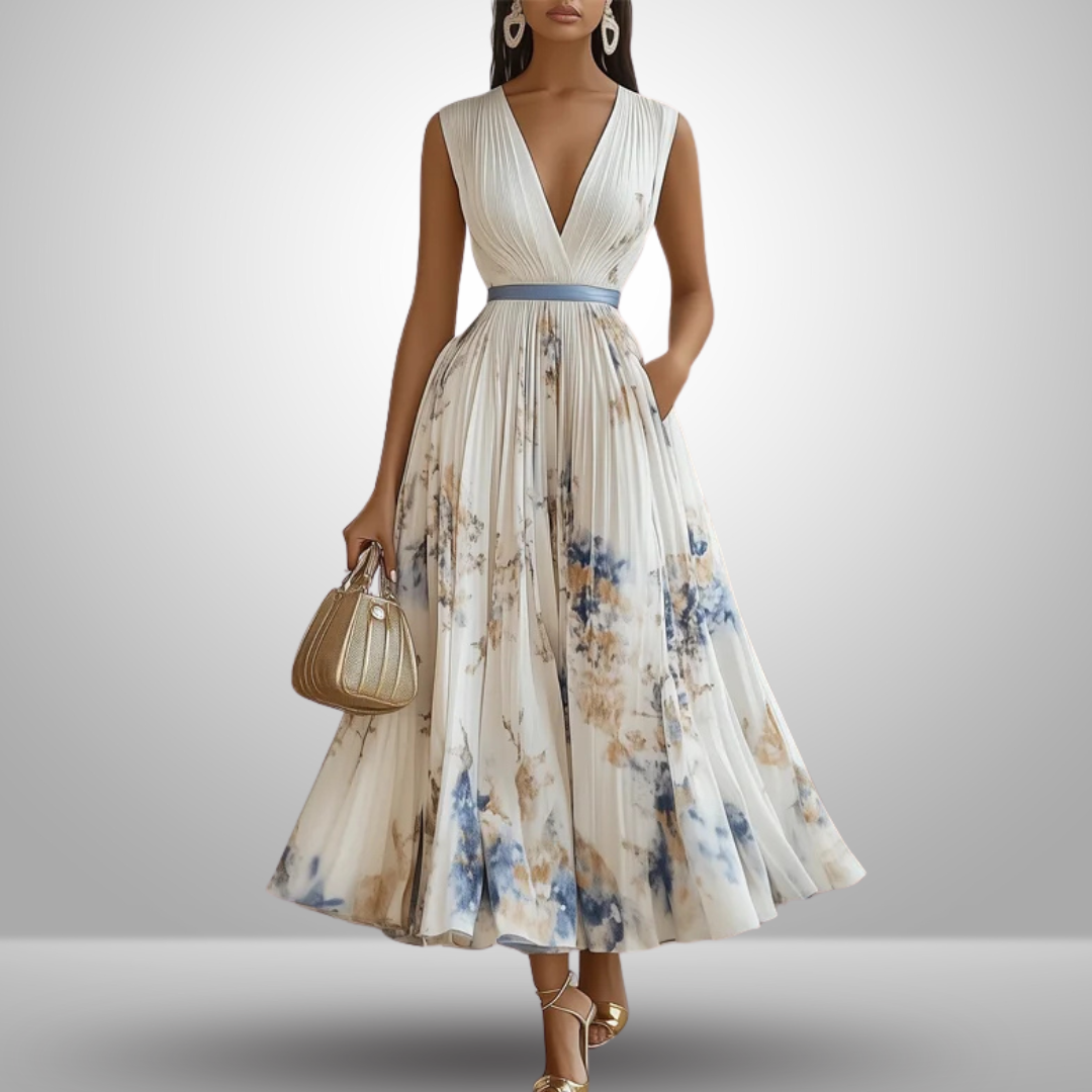 Damen fließendes ärmelloses Sommer Maxikleid. Leichtes, elegantes Freizeitkleid für warme Tage.