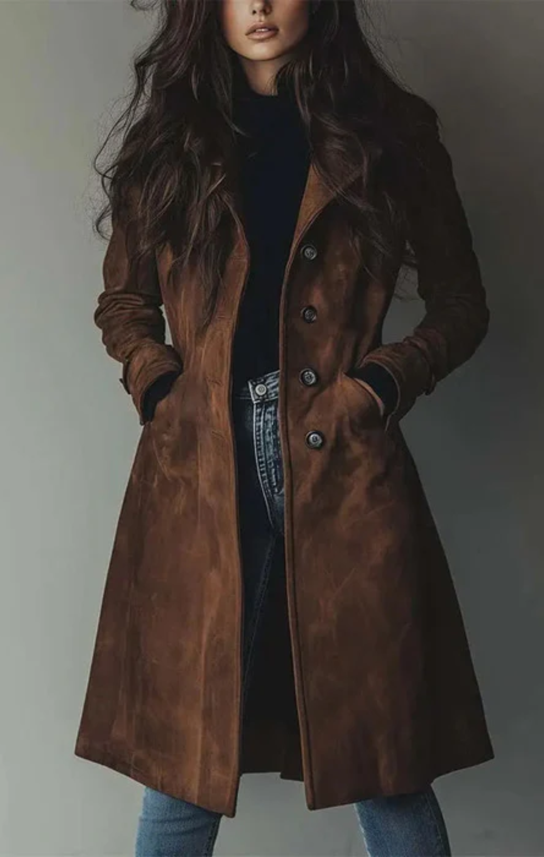 Eleganter, langer Damenmantel für Business & Abendmode. Stilvolle Übergangsjacke, modern & figurumspielend für jede Saison.