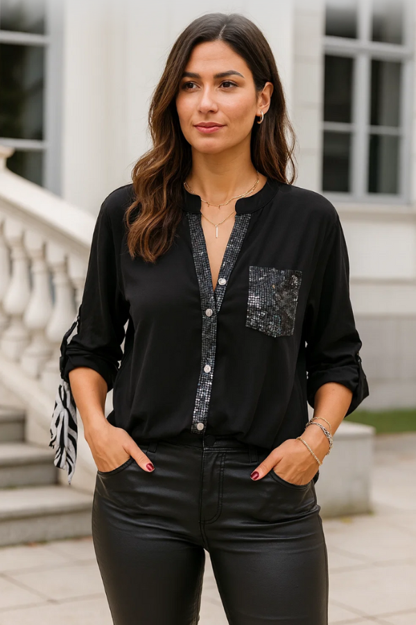 Damen Pailletten Top mit elegantem Glanz und lockerer Passform, ideal für festliche Anlässe und Freizeit.