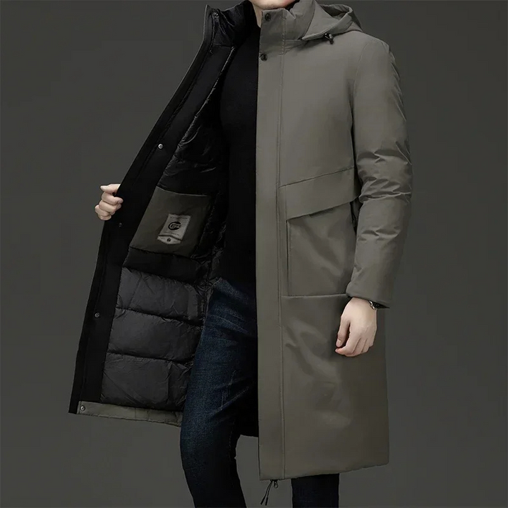Herren warmer Winter Steppmantel mit Kapuze. Idealer Kälteschutz für Outdoor & Freizeit.