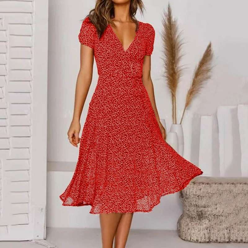 Schickes Damen A-Linien Midikleid mit V-Ausschnitt, perfekt für sommerliche Anlässe und bequeme Mode.